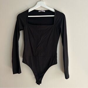 Blue Blush Black Bodysuit Square Neck Long Sleeve Size Small Fitted Classic